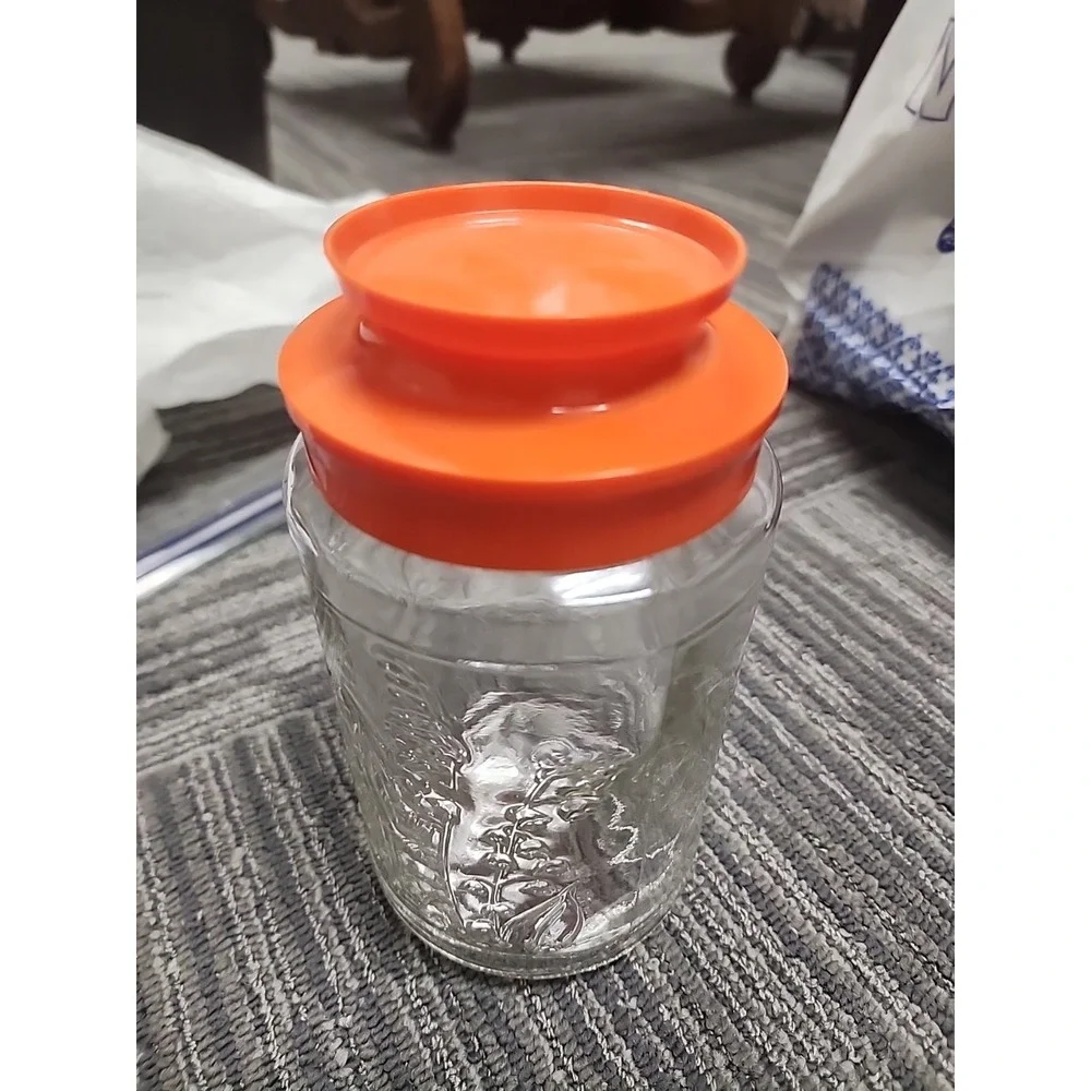 Vintage Anchor Hocking Tang Glass Jar Canister Orange Lid Lighthouse Storage Jar
